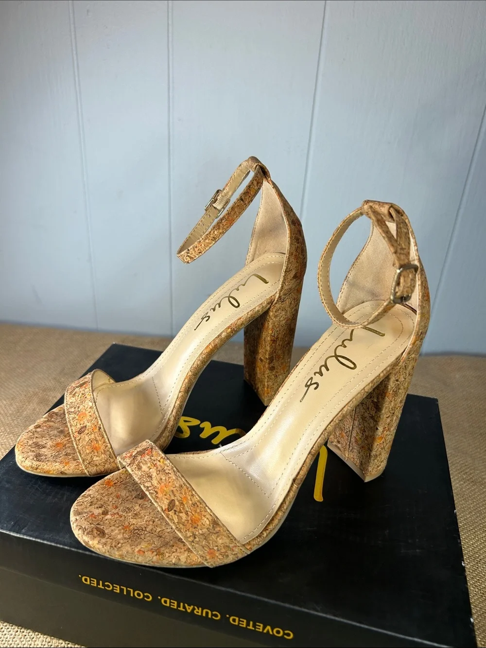 Lulu's Cork-Textured Ankle-Strap Block Heels - Tan Multi